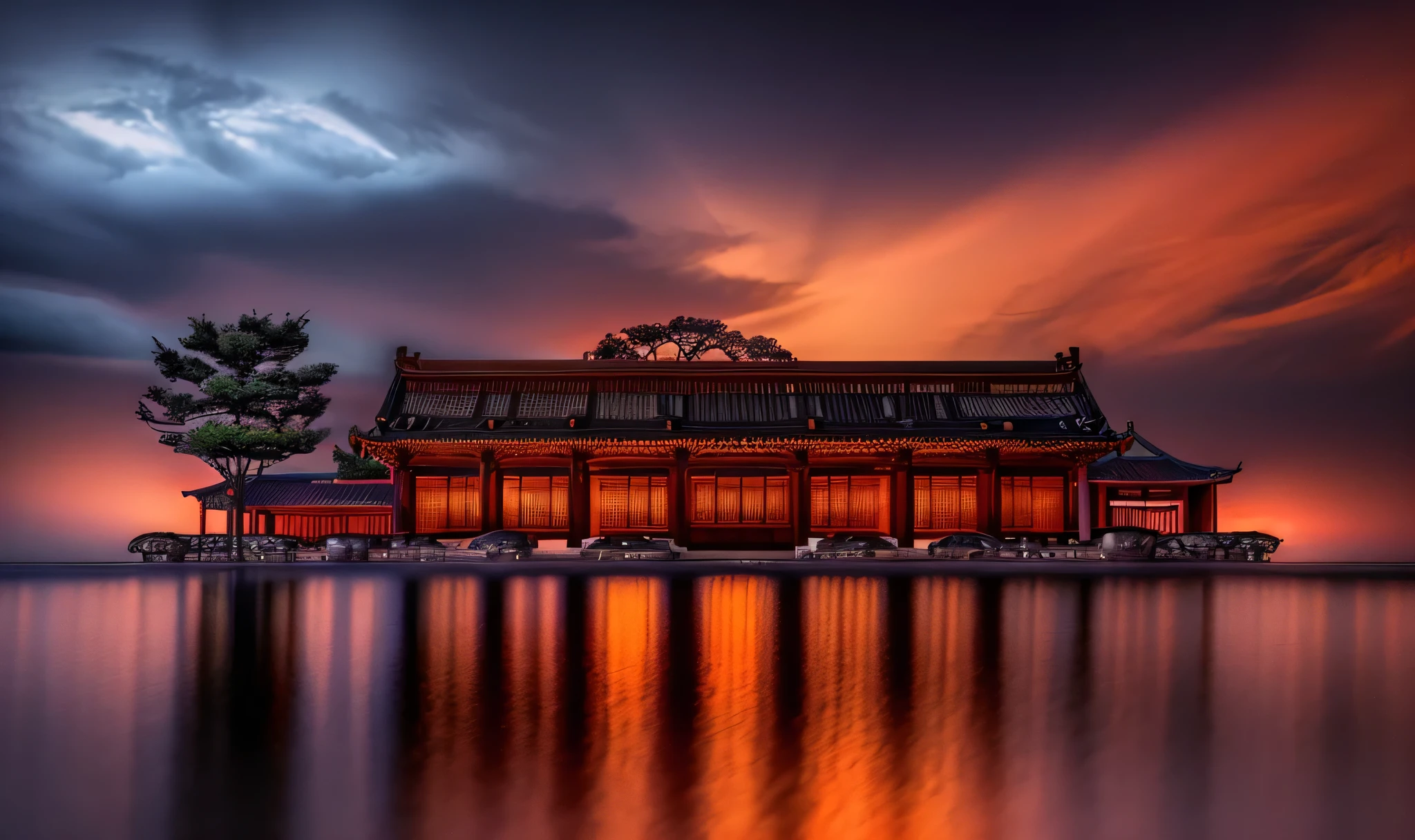 detailed ancient Chinese architecture, sunset, cloudy sky, cinematic lighting, dramatic atmosphere, ornate details, intricate patterns, grandiose scale, masterful composition, photorealistic, 8k, high resolution, best quality, award winning, digital art, concept art