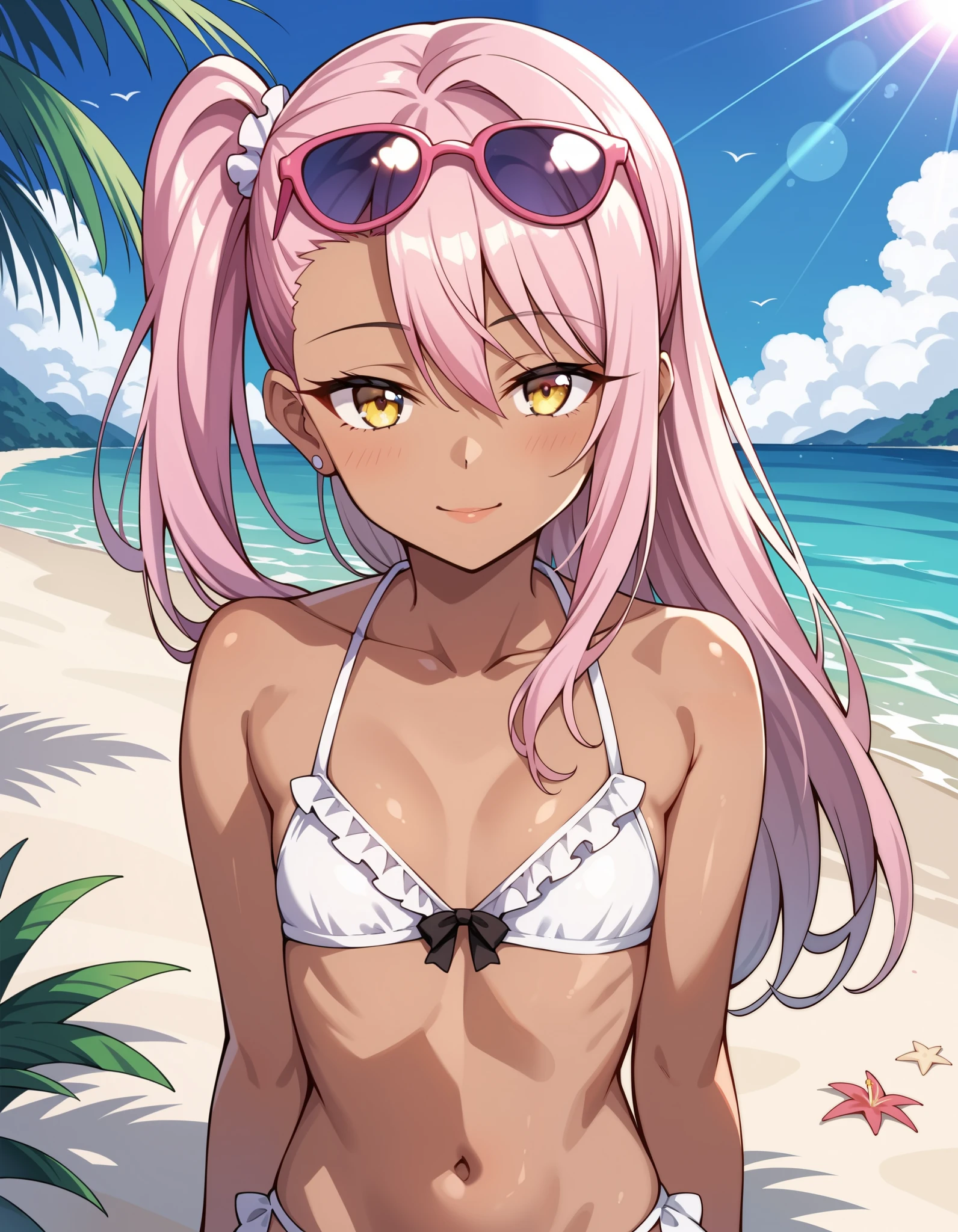 score_9, score_8_up, score_7_up, source_anime, Chloe_Von_Einzbern, 1girl, solo, yellow eyes, pink hair, long hair, hair between eyes, side ponytail, flat chest, dark-skinned female, upper body, looking at viewer, pink eyewear on head, beach, frilled bikini, navel, half closed eyes, head tilt, sunrays,