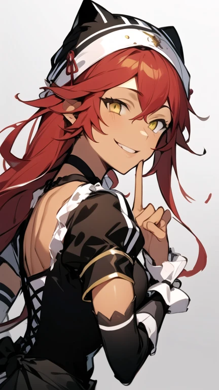 masterpiece,  best quality,  greyscale , Shrimp Blue , Guess face,  1 girl , lupusregina, Red Hair, Long Hair,  TWIN BLADE,  yellow eyes, (Sparkling Eyes:0.5),  choker,   dress,  have , Maid,  upper body, smile, sketch,  putting their fingers in their lips,  black background 