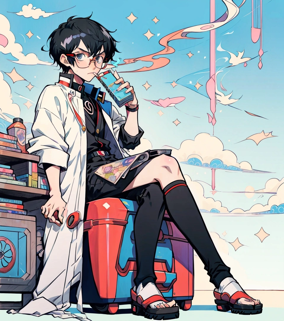 Anime guy with black hair, 22 yeats old, wearingthick black-framed glasses, black long socks, smoking, fidgeting, fidgety, daydreaming, anime moe art style, anime youth, Gendo Ikari smoking a joint, 2D anime style, as an anime character, High quality anime art style, male anime style, shigenori soejima illustration, high quality fan art, male, eyewears