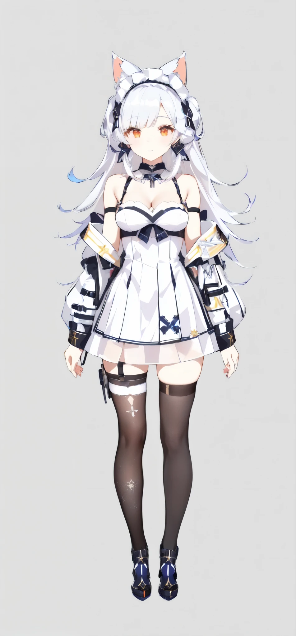Portrait of a woman in a white dress and black stockings, Azur Lane style, Hologram , from the Azur Lane video game , from girls frontline , girls frontline style, Fleet Collection style , Characters of Azur Lane, exquisite details. girls frontline , Cute Anime in a Beautiful Dress , girls frontline cg, Anime full body, Beautiful girl character design , girls frontline universe