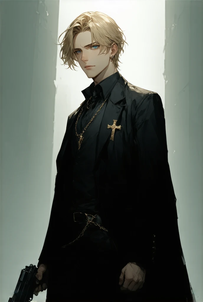  The character is a young man with blond hair and blue eyes. He's an exorcist ,  wearing formal clothes,  gun consisting of black pants and a white shirt .  He's wearing a black coat with a gold chain, thrown over the shoulder, and a cross brooch . Besides,  he has a sword . He looks calm and kind.