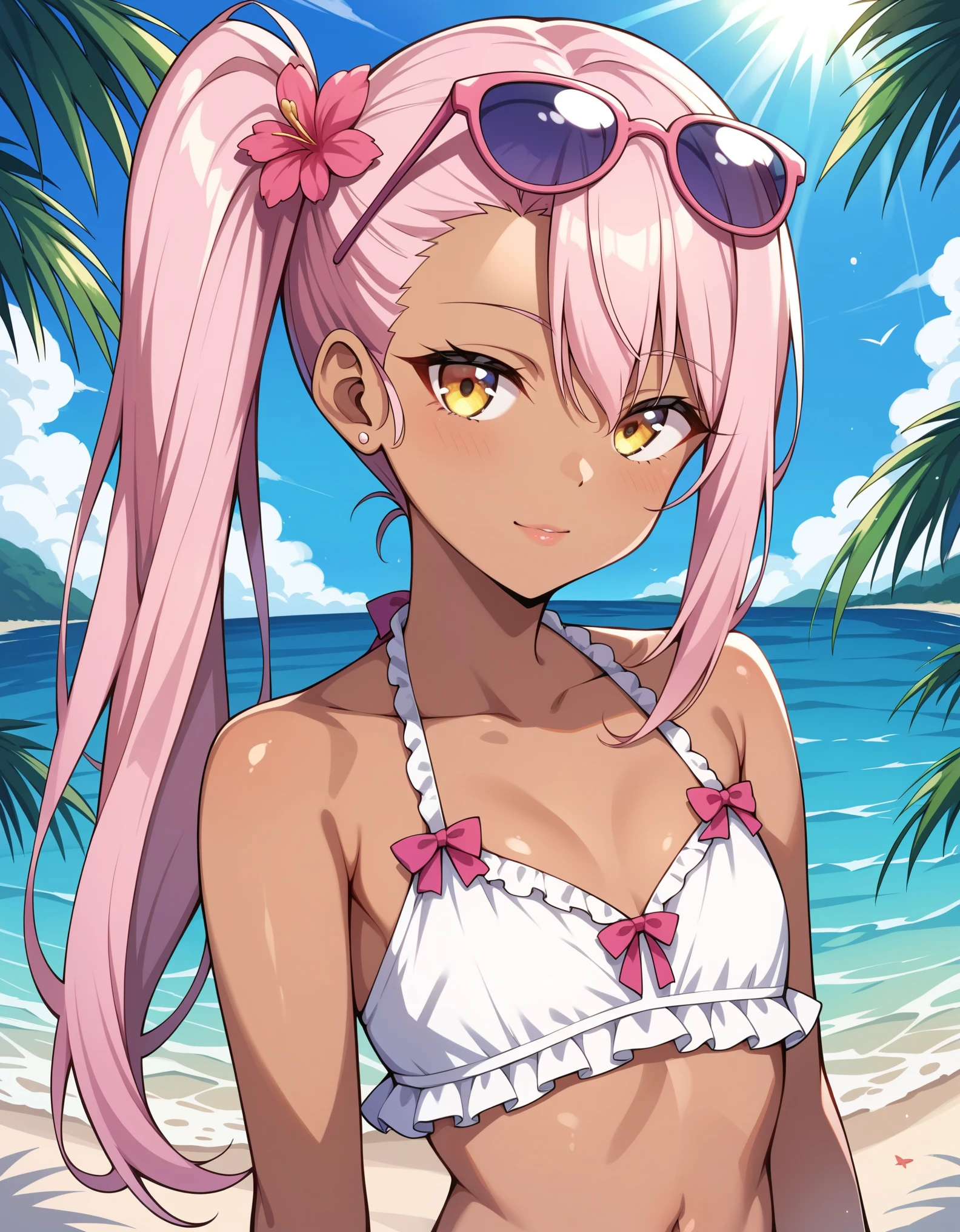 score_9, score_8_up, score_7_up, source_anime, Chloe_Von_Einzbern, 1girl, solo, yellow eyes, pink hair, long hair, hair between eyes, side ponytail, flat chest, dark-skinned female, upper body, looking at viewer, pink eyewear on head, beach, frilled bikini, navel, half closed eyes, head tilt, sunrays,