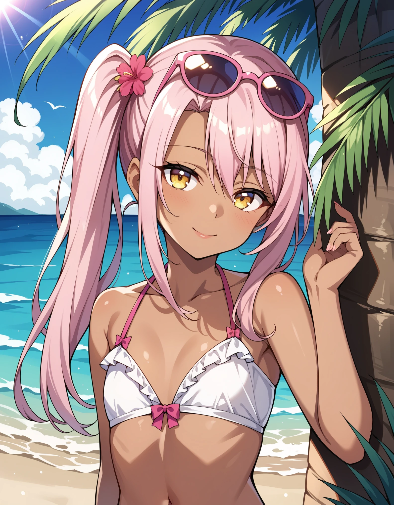 score_9, score_8_up, score_7_up, source_anime, Chloe_Von_Einzbern, 1girl, solo, yellow eyes, pink hair, long hair, hair between eyes, side ponytail, flat chest, dark-skinned female, upper body, looking at viewer, pink eyewear on head, beach, frilled bikini, navel, half closed eyes, head tilt, sunrays,