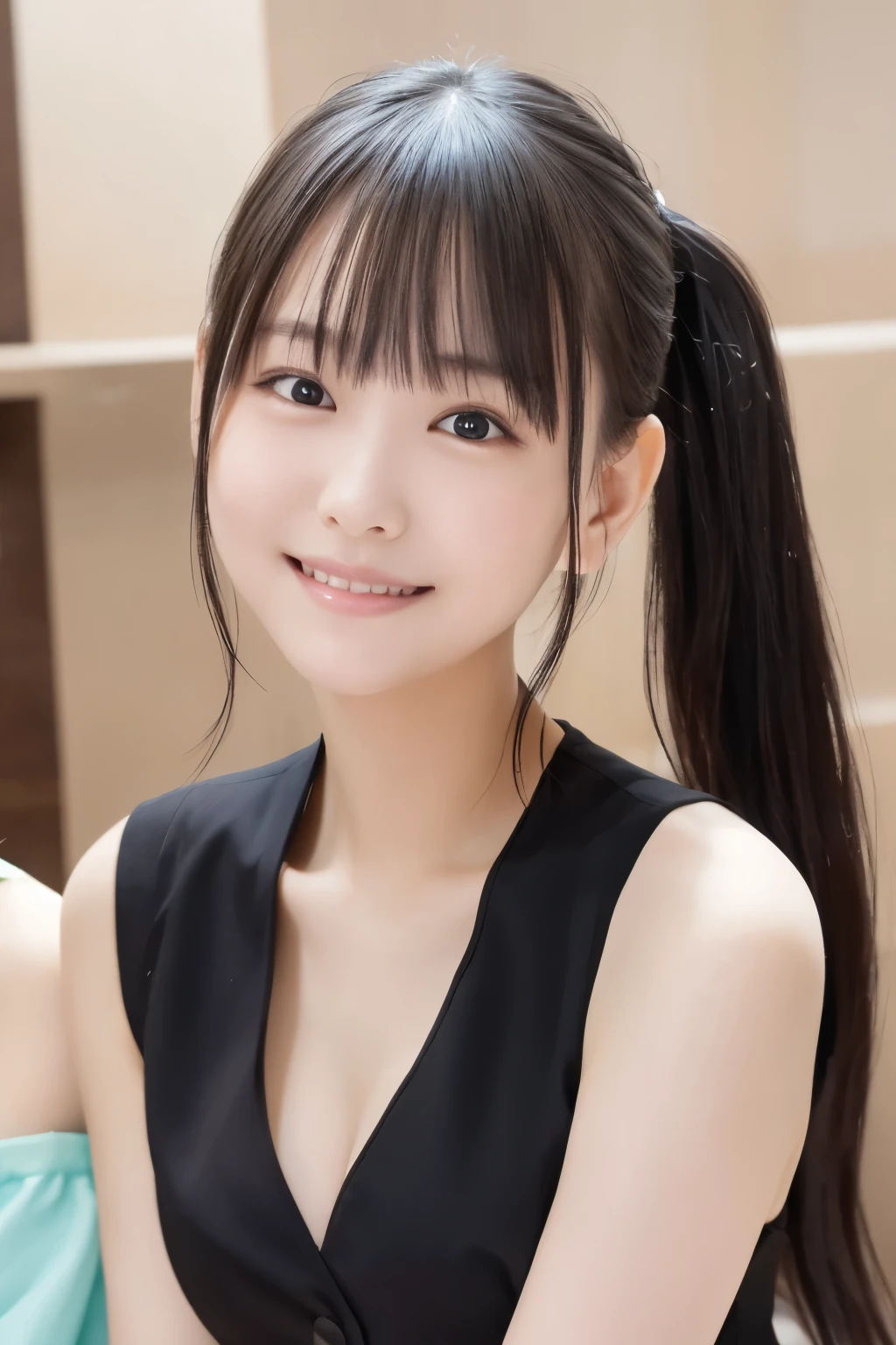 Sleeveless,  ponytail, Japanese Girls, 8k, Legal Photography, Best Quality, masterpiece, Realistic, Super detailed , One Girl, cute, The best smile,  beautiful eyes, Long Hair,  perfect face、Cleavage、front、 looking at the camera 、 shortcuts, look at me、front、 off-shoulder 、 お風呂Two girls on good terms