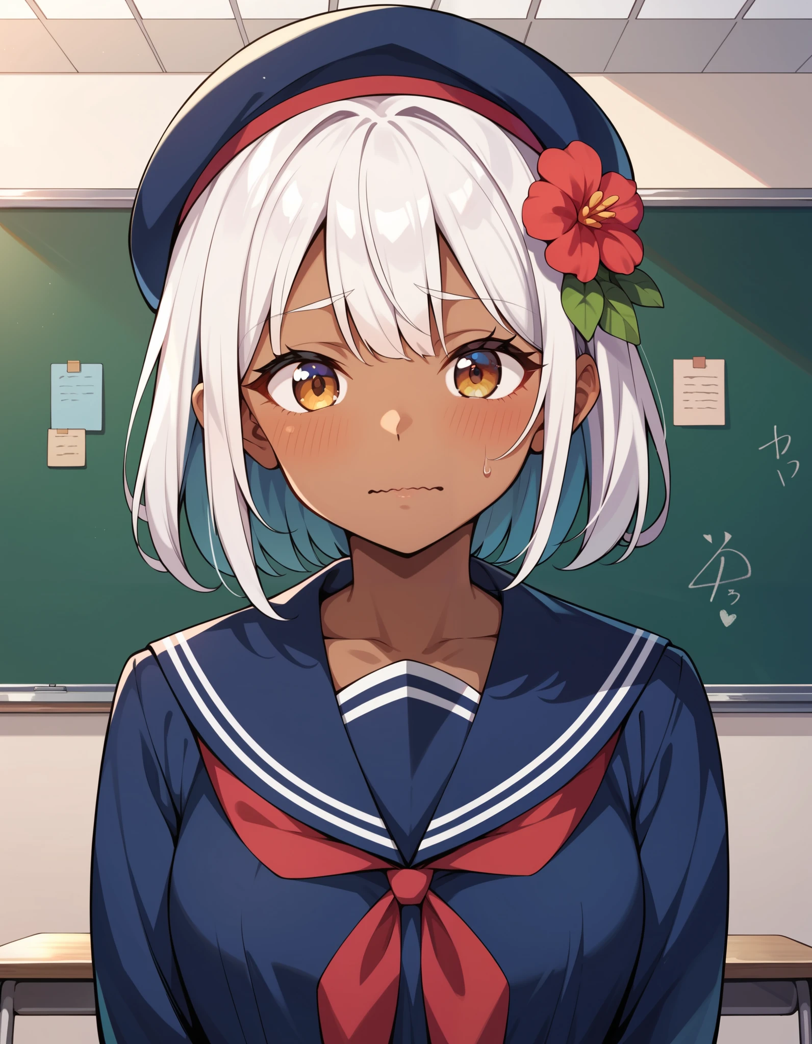 score_9, score_8_up, score_7_up, Faputa, Dark skin, White fur, looking at viewer, masterpiece, absurdres, high quality, highres, school uniform, beret, upper body, classroom, shy, looking down, wavy mouth, hair flower, arms behind back, standing,