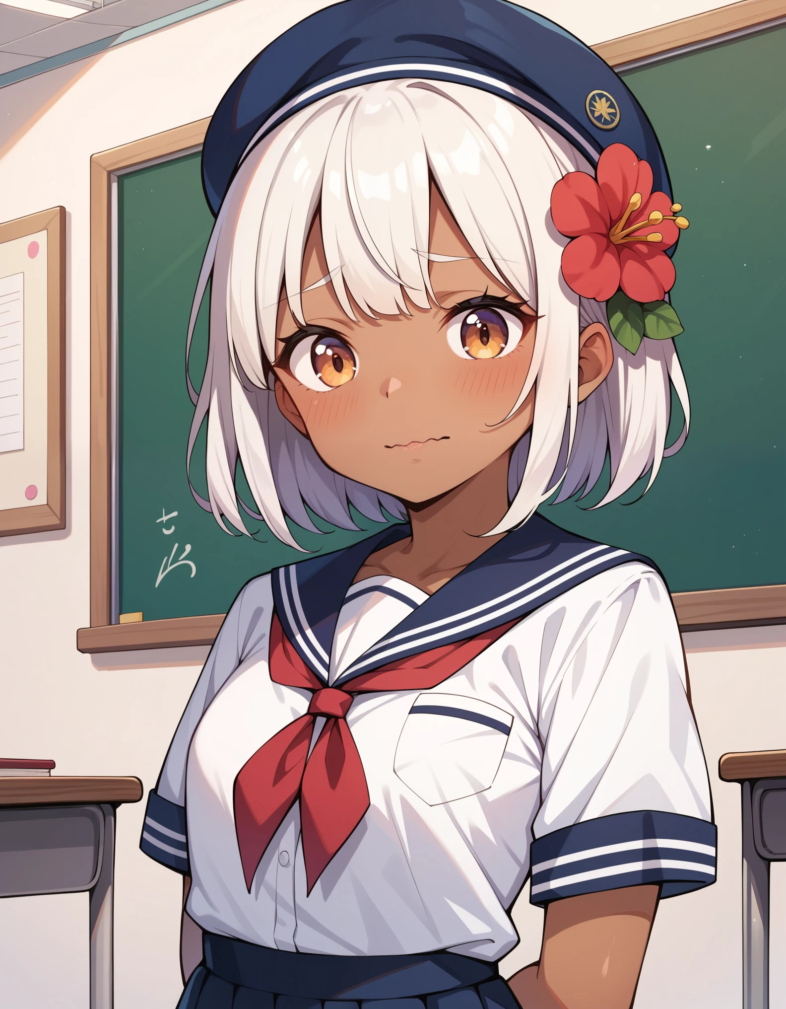 score_9, score_8_up, score_7_up, Faputa, Dark skin, White fur, looking at viewer, masterpiece, absurdres, high quality, highres, school uniform, beret, upper body, classroom, shy, looking down, wavy mouth, hair flower, arms behind back, standing,