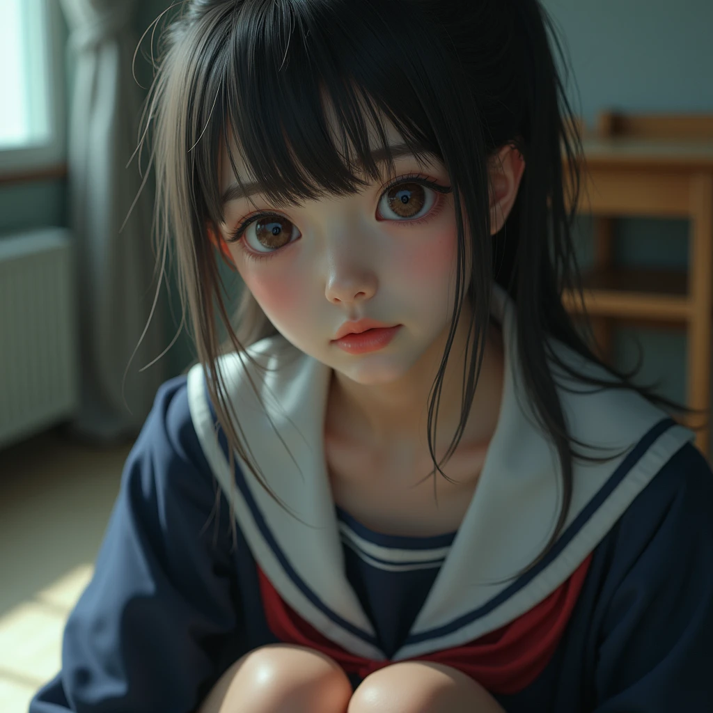 with intense rain,12 years old Chinese girl,cute little,drenched all over the body,unhelpless,weak,Pleading eyes