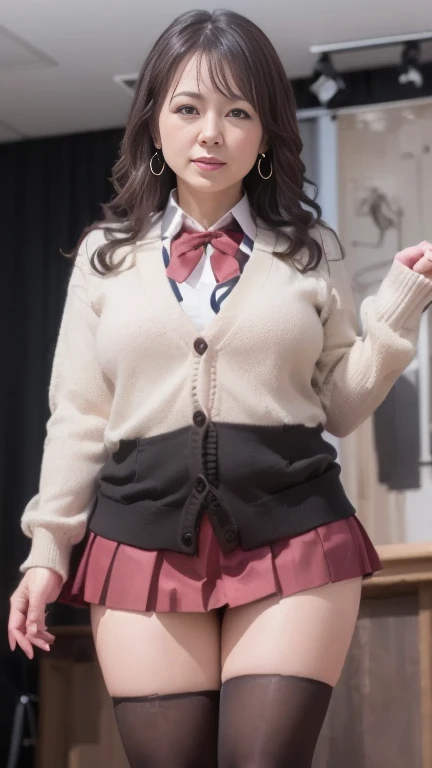 full body shot, from below,  japanese mature, 65 years old,  detailed face , smile, Facial wrinkles,  detailed skin texture ,  white skin, (curvy body,  plump thighs:1.5), (earrings, red bowtie, brown cardigan, red skirt, pleated skirt, micro miniskirt, black thighhighs:1.2), ( wearing a sweater :1.2), ( full body shot from toe to head wearing black high heels,  is standing on stage, standing:1.2), ( surrealism, best quality, ultra detailed, absolutely resolution, 8k, anatomically correct), depth of field, looking at viewer, tachi-e, (And),  natural light, full body