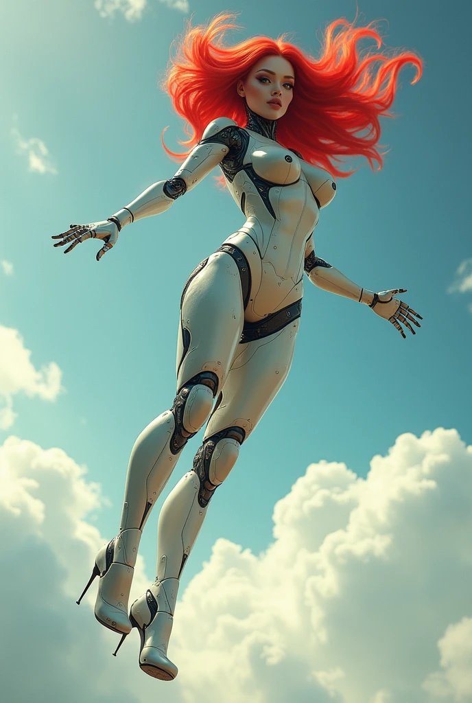 (Realistic) translucent skintight suit fashion model Cinematic PUNK ROCK cute red haired teen girl, ((Pole Dancer High Platform Shoes thick Heels)) with bouncing breasts in the style of Tony Sandoval and Geoff Darrow art. Fighting robots in the the clouds. Explosion. (4K image:1.1), (Sharp focus:1.3), Highly detailed, (Attractive young woman:1.3), (Alluring:1.1), (Blush:1.1) (Style-Glass), (()), High resolution, Anti-aliasing, 8k, ((Syd Mead)), Sharp details, ((masterpiece)), (Picturesque) sex android NEON Cinema film-grab.com