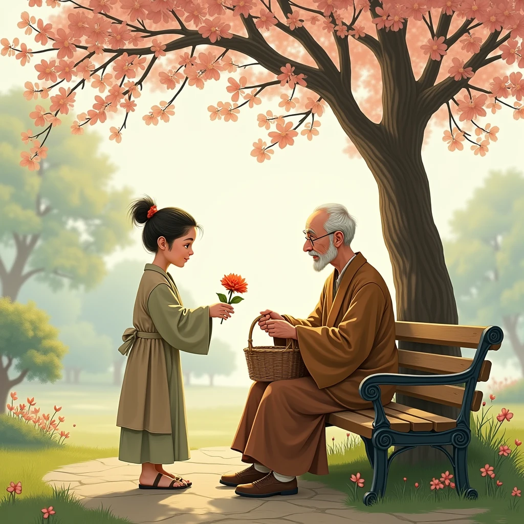 Ghibli style Simple illustration style、kawaii、An old grandmother leads a little girl、独奏、Character drawing,The top two-thirds are left blank