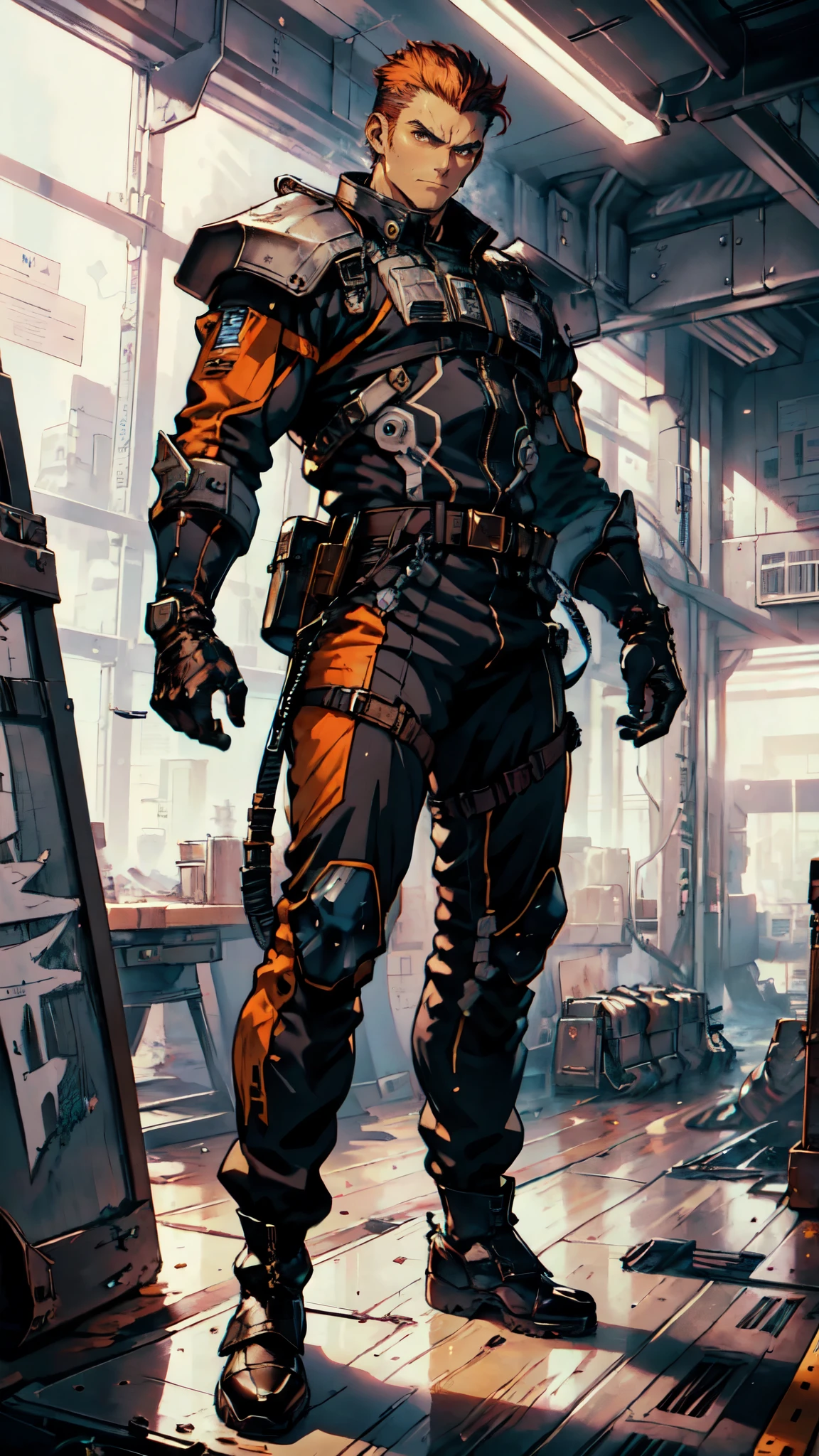 (masterpiece:1.2, best quality:1.2, extremely delicate:1.2), ((male:1.5)), a man with slicked-back short disheveled red-gold hair, cold and ruthless gaze, confident expression, a two piece futuristic-style military dress uniform, primarily white and red with yellow accents, streamlined wristguard gloves, metal shoulder pads, metal belt, matching trousers, long combat boots, stands within a futuristic sci-fi hangar, the background is a giant mecha, this character embodies a finely crafted futuristic military officer in anime style, exquisite and mature oil painting art style, dramatic, high definition, highres, ultra-detailed, ultra-fine painting, professional, perfect body proportions, golden ratio, anatomically correct, symmetrical face, extremely detailed eyes and face, high quality eyes, creativity, RAW photo, UHD, 32k, Natural light, cinematic lighting, (masterpiece-anatomy-perfect:1.2)
