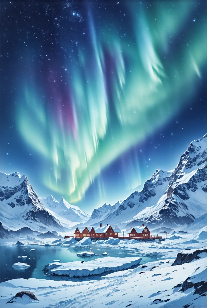 ( drawn by Lynn Okamoto),Center frame,  clearly focuses , (panoramic, Wide-angle lens),  Quality Best , masterpiece,  Very detailed ,  Detailed Background , Antarctica，houses，Aurora appears in the sky 