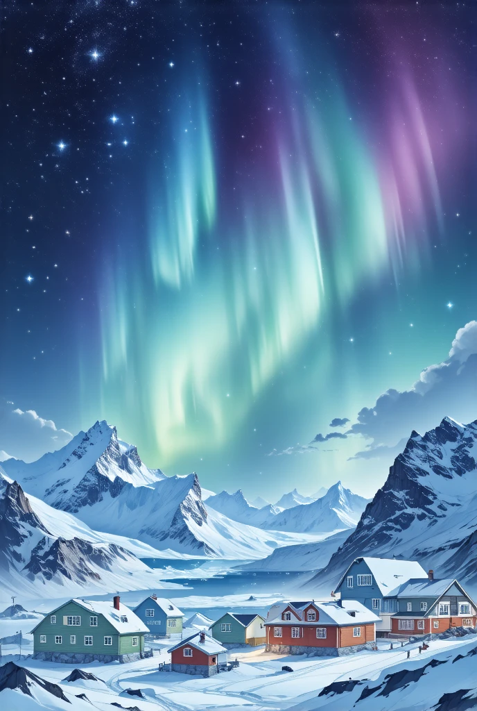 ( drawn by Lynn Okamoto),Center frame,  clearly focuses , (panoramic, Wide-angle lens),  Quality Best , masterpiece,  Very detailed ,  Detailed Background , Antarctica，houses，Aurora appears in the sky 