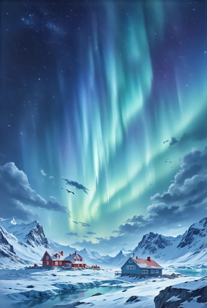 ( drawn by Lynn Okamoto),Center frame,  clearly focuses , (panoramic, Wide-angle lens),  Quality Best , masterpiece,  Very detailed ,  Detailed Background , Antarctica，houses，Aurora appears in the sky 