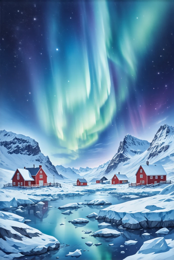 ( drawn by Lynn Okamoto),Center frame,  clearly focuses , (panoramic, Wide-angle lens),  Quality Best , masterpiece,  Very detailed ,  Detailed Background , Antarctica，houses，Aurora appears in the sky 