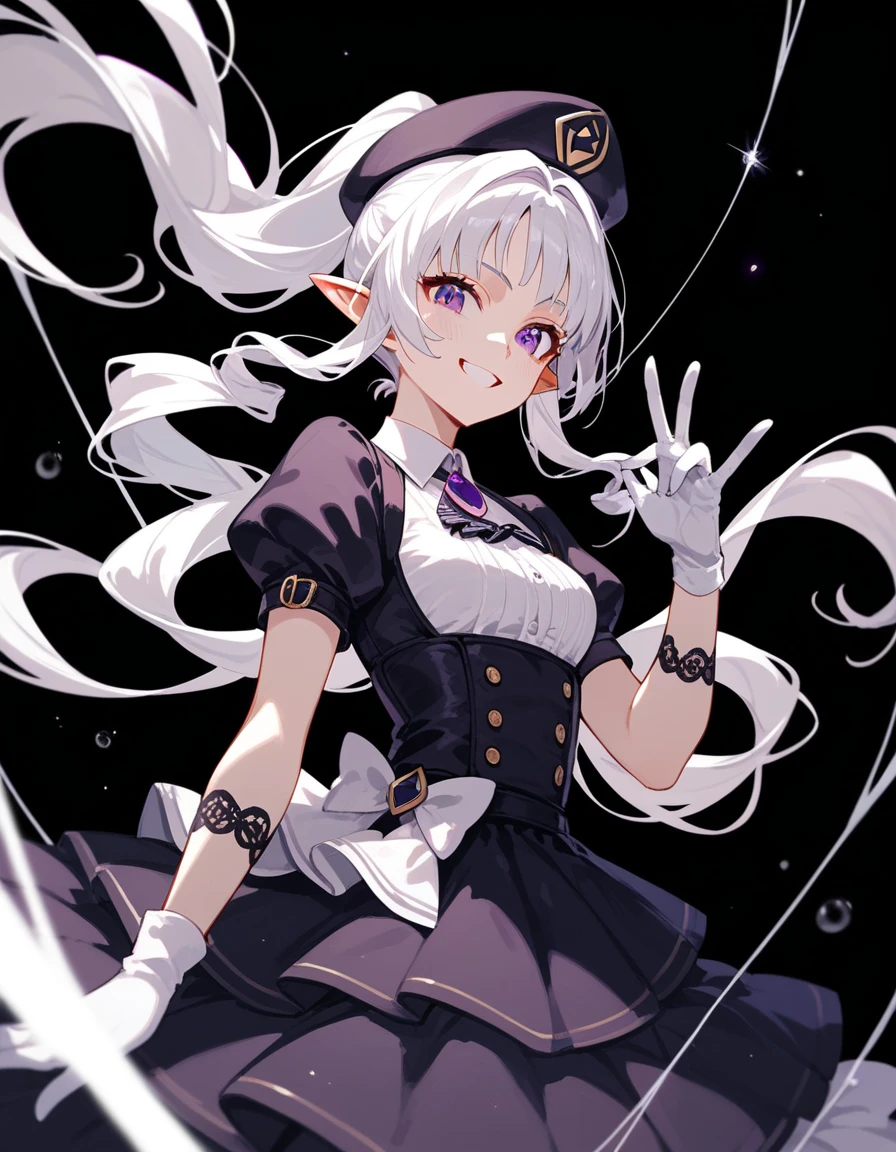 girl,White hair, long hair, ponytail,drill hair, in purple eyes,Pointed ears,Black Idol , Medium Chest,smile,Wear a skirt, Tall,Spider web, wear gloves,dress, black background,Dark circles under the eyes,Put on a hat