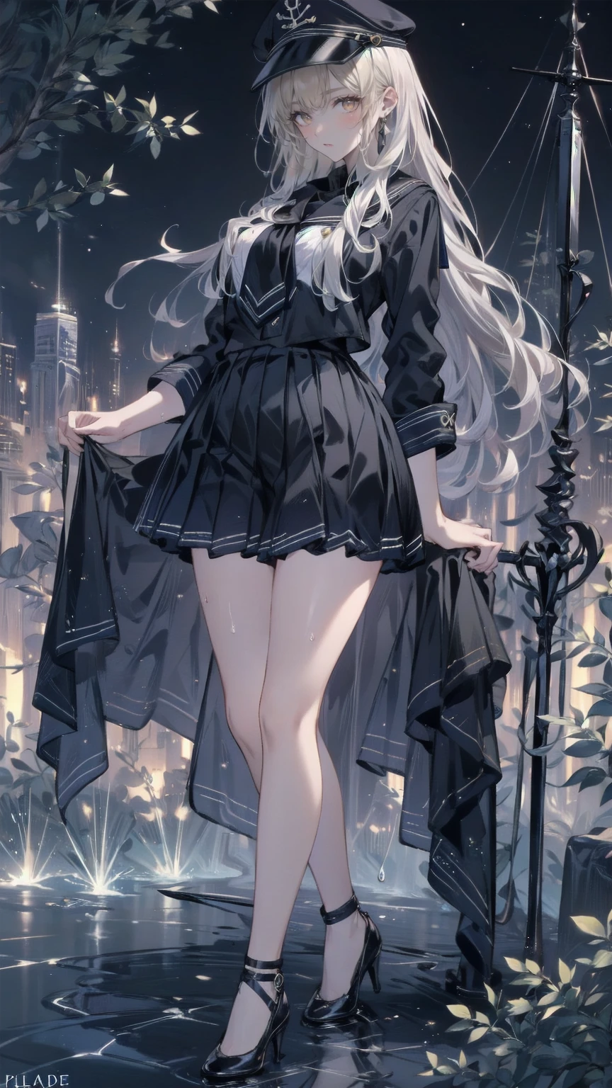 , full body view,Head to toe composition, (masterpiece), ( best quality), 1 Female，35 years old，Mature Woman，Long legs， big chest thin waist， slim， ， solo，） She has silver white hair， standing with legs crossed ， sweat a lot ， her whole body was soaked ，Viewed from the front，  straight hair ，  Generally Cloudy Skies ，（（（masterpiece），（ Highly Detailed CG Unity 8K Wallpaper ）， best quality ， Movie Lighting， detailed background， beautiful detailed eyes， Bright Eyes ， dark eyes，（Very detailed and beautiful），（ beautiful detailed eye depiction ）， super detailed，masterpiece，）），Facing the camera， high definition ， super detailed）， College Student ，Sailing ship cap（wear： sailor suit ，Black collar，Blue long skirt， pleated skirt that hugs a spear ， high heels）  full body photo ，Show your shoes
