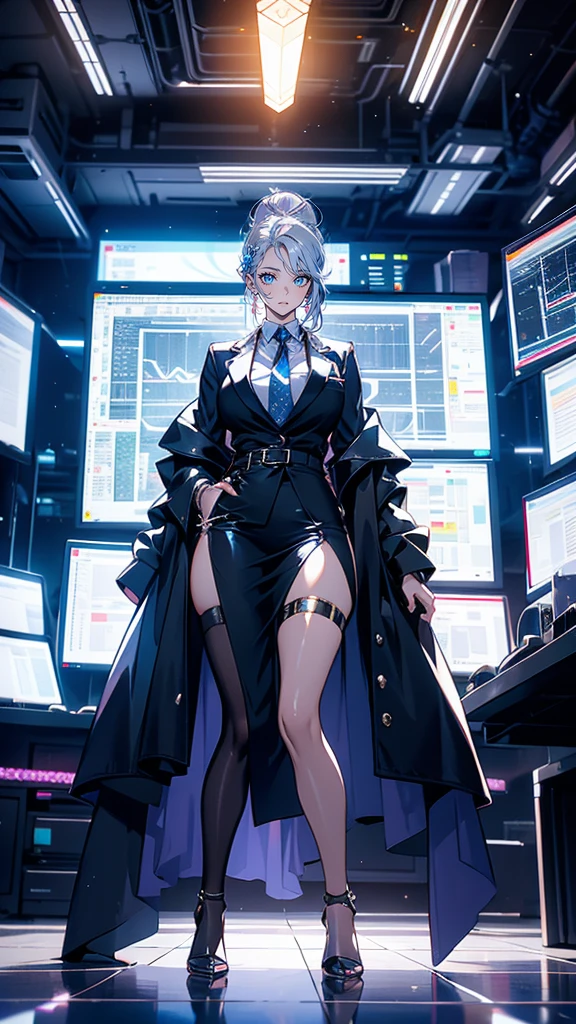 A person wearing a white jacket, wearing black suit, chrome outfit, women, purple eyes, woman, (best quality,4k,8k,highres,masterpiece:1.2), ultra-detailed, (realistic,photorealistic,photo-realistic:1.37), HDR, UHD, studio lighting, ultra-fine painting, sharp focus, physically-based rendering, extreme detail description, professional, vivid colors, bokeh, portraits, landscape, horror, anime, sci-fi, photography, concept artists, vibrant colors, dynamic lighting, purple glasses, long grey hair, full body, big breasts.