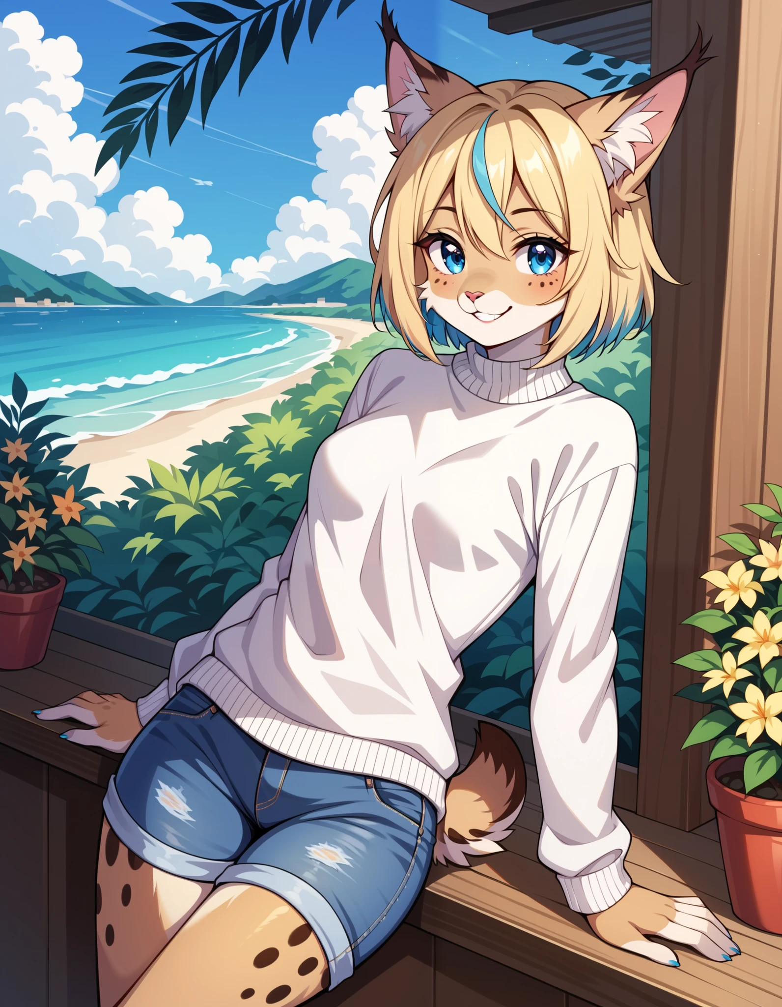 score_9,score_8_up,score_7_up,source_anime, 1girl, solo, digital_media_(artwork) hi_res,, beautiful, anthro, furry, female, furry female, detailed textured fur, fur tufts, lynx, slim, slender, small breasts, cute, sweater, denim jeans, multicolor hair, streaked hair, red blue blonde silver hair, blonde fur, beautiful blue eyes, smile, solo,