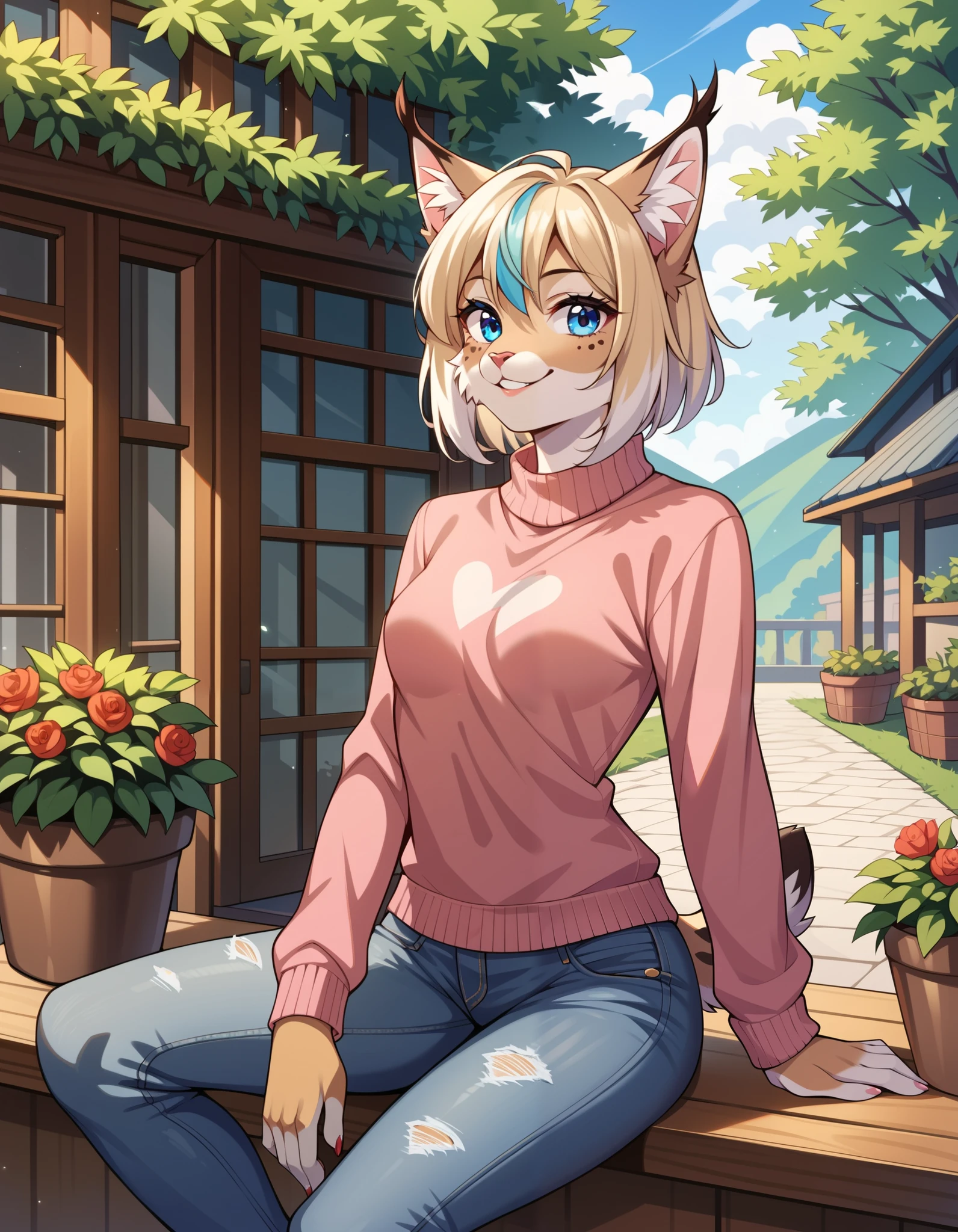 score_9,score_8_up,score_7_up,source_anime, 1girl, solo, digital_media_(artwork) hi_res,, beautiful, anthro, furry, female, furry female, detailed textured fur, fur tufts, lynx, slim, slender, small breasts, cute, sweater, denim jeans, multicolor hair, streaked hair, red blue blonde silver hair, blonde fur, beautiful blue eyes, smile, solo,