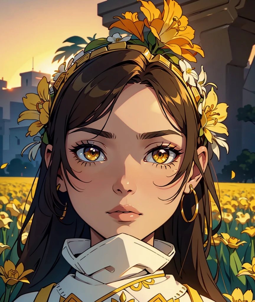 in a beautiful flowers field a beautiful mature woman lying in a field of beautiful white, yellow and gold flowers. . she has a traditional outfit of Aztec people his eyes are visible. she has magnificent ultra detailed golden eyes, her pupils are dilated and isr iris ultra detailed and a magnificent amber color with shades of yellow and green. her gaze is intense and warm. there are a golden city everywhere around her. the environment is hostile to life. she stands facing and looks to the side towards the setting sun. close-up on his gaze. her outfit is a beautiful océan green color. she wears red native amazonian  people makeup around her eyes which has the effect of multiplying the beauty and magnificence of his deep and burning gaze.