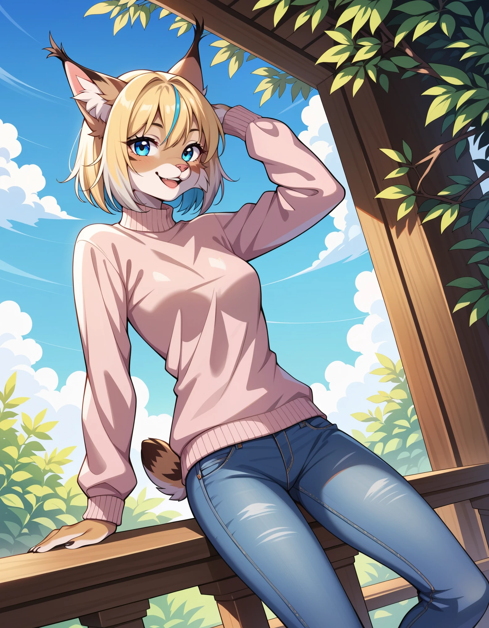 score_9,score_8_up,score_7_up,source_anime, 1girl, solo, digital_media_(artwork) hi_res,, beautiful, anthro, furry, female, furry female, detailed textured fur, fur tufts, lynx, slim, slender, small breasts, cute, sweater, denim jeans, multicolor hair, streaked hair, red blue blonde silver hair, blonde fur, beautiful blue eyes, smile, solo,