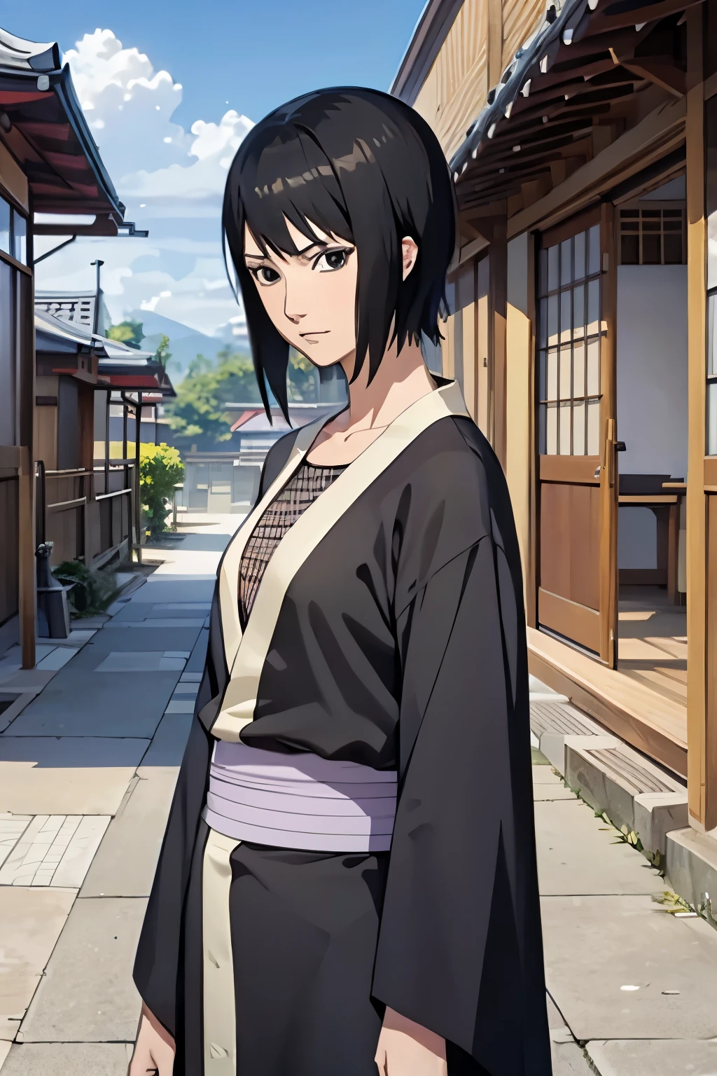 Anime style, masterpiece, best quality, shizune, black kimono, No bra, small breasts, looking at viewer, slight smile, Neckline, japanese architecture, outdoors, sky, realistic