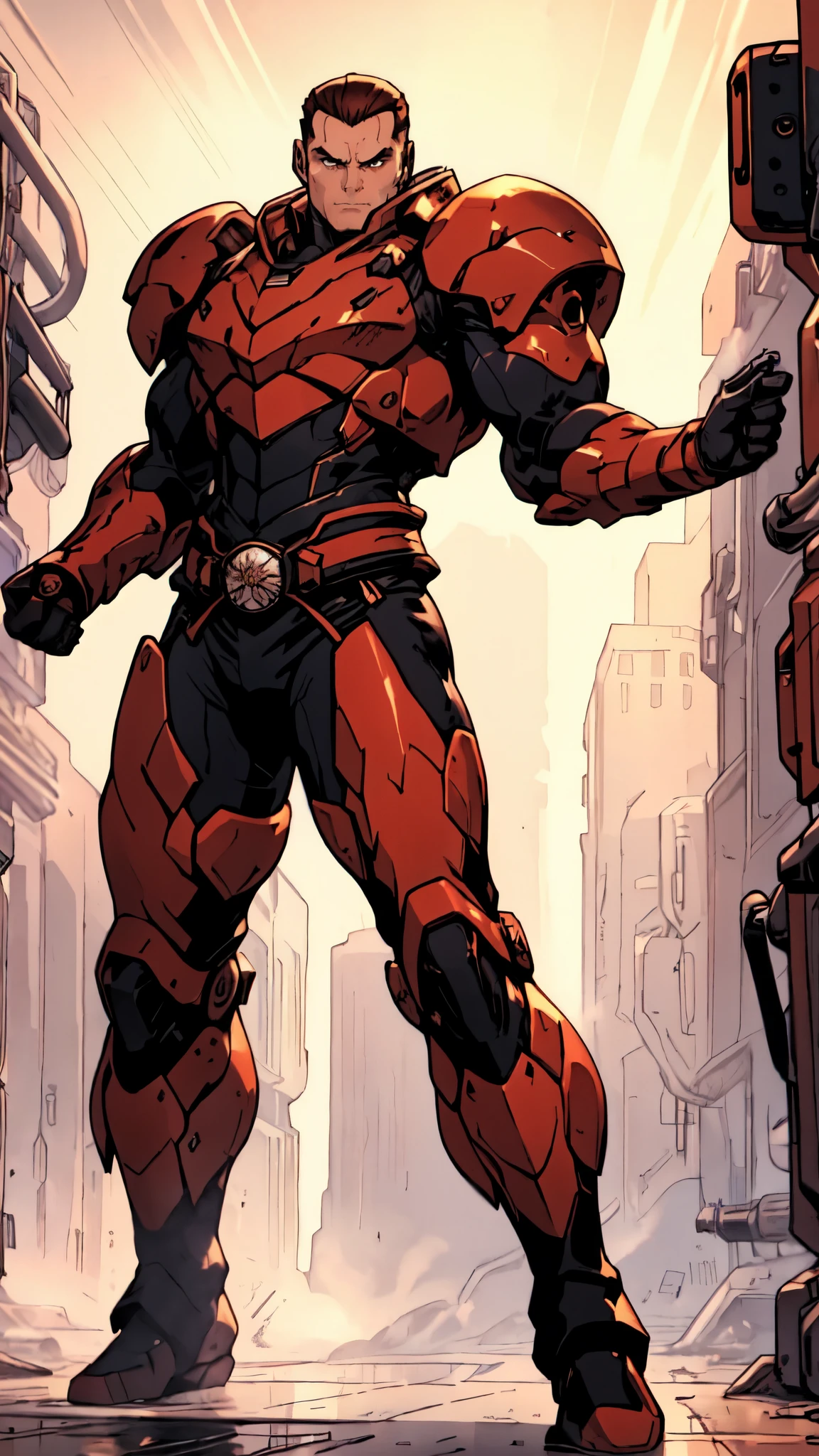 A close up of a man in a red suit standing in a city - SeaArt AI