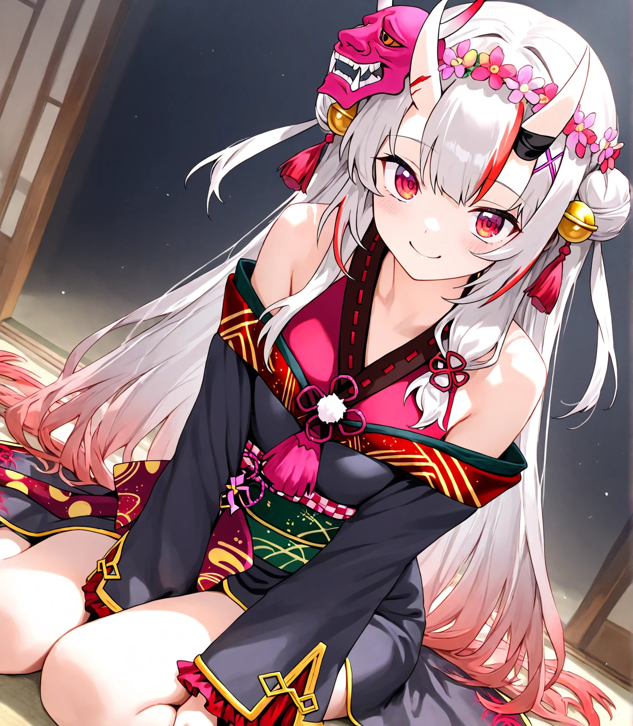 best quality, masterpiece, beautiful eyes, beautiful hair, beautiful face, beautiful skin, BREAK AyameBase, oni horns, long hair, double bun, black kimono, short kimono, hair bell, obi, shimenawa, white thighhighs, bare shoulders, long sleeves, upper body, nsfw, bedroom, BREAK 1girl, spread armpit, arm up, presenting armpit, fingers on own armpit, BREAK troubled eyebrows, aroused, embarrassed,