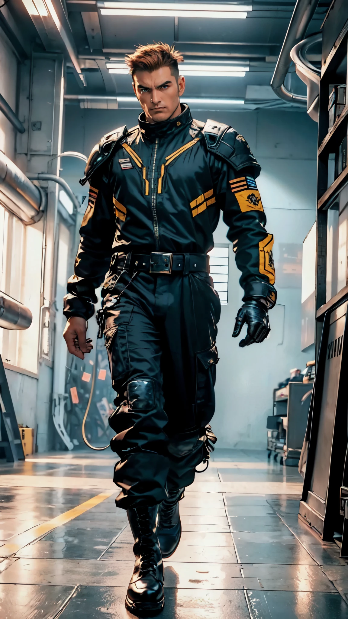 (masterpiece:1.2, best quality:1.2, extremely delicate:1.2), ((male:1.5)), a man with slicked-back short disheveled red-gold hair, cold and ruthless gaze, confident expression, a two piece futuristic-style military dress uniform, primarily white and red with yellow accents, streamlined wristguard gloves, metal shoulder pads, metal belt, matching trousers, long combat boots, stands within a futuristic sci-fi hangar, the background is a giant mecha, this character embodies a finely crafted futuristic military officer in anime style, exquisite and mature oil painting art style, dramatic, high definition, highres, ultra-detailed, ultra-fine painting, professional, perfect body proportions, golden ratio, anatomically correct, symmetrical face, extremely detailed eyes and face, high quality eyes, creativity, RAW photo, UHD, 32k, Natural light, cinematic lighting, (masterpiece-anatomy-perfect:1.2)