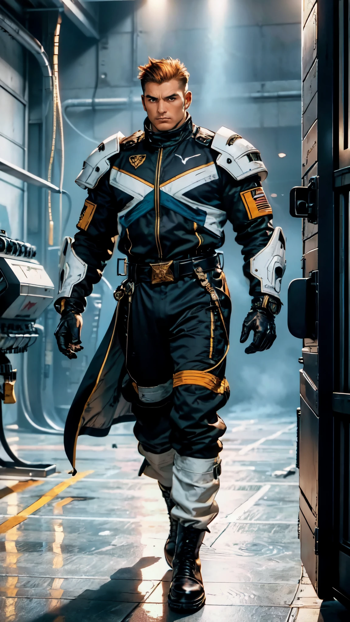 (masterpiece:1.2, best quality:1.2, extremely delicate:1.2), ((male:1.5)), a man with slicked-back short disheveled red-gold hair, cold and ruthless gaze, confident expression, a two piece futuristic-style military dress uniform, primarily white and red with yellow accents, streamlined wristguard gloves, metal shoulder pads, metal belt, matching trousers, long combat boots, stands within a futuristic sci-fi hangar, the background is a giant mecha, this character embodies a finely crafted futuristic military officer in anime style, exquisite and mature oil painting art style, dramatic, high definition, highres, ultra-detailed, ultra-fine painting, professional, perfect body proportions, golden ratio, anatomically correct, symmetrical face, extremely detailed eyes and face, high quality eyes, creativity, RAW photo, UHD, 32k, Natural light, cinematic lighting, (masterpiece-anatomy-perfect:1.2)