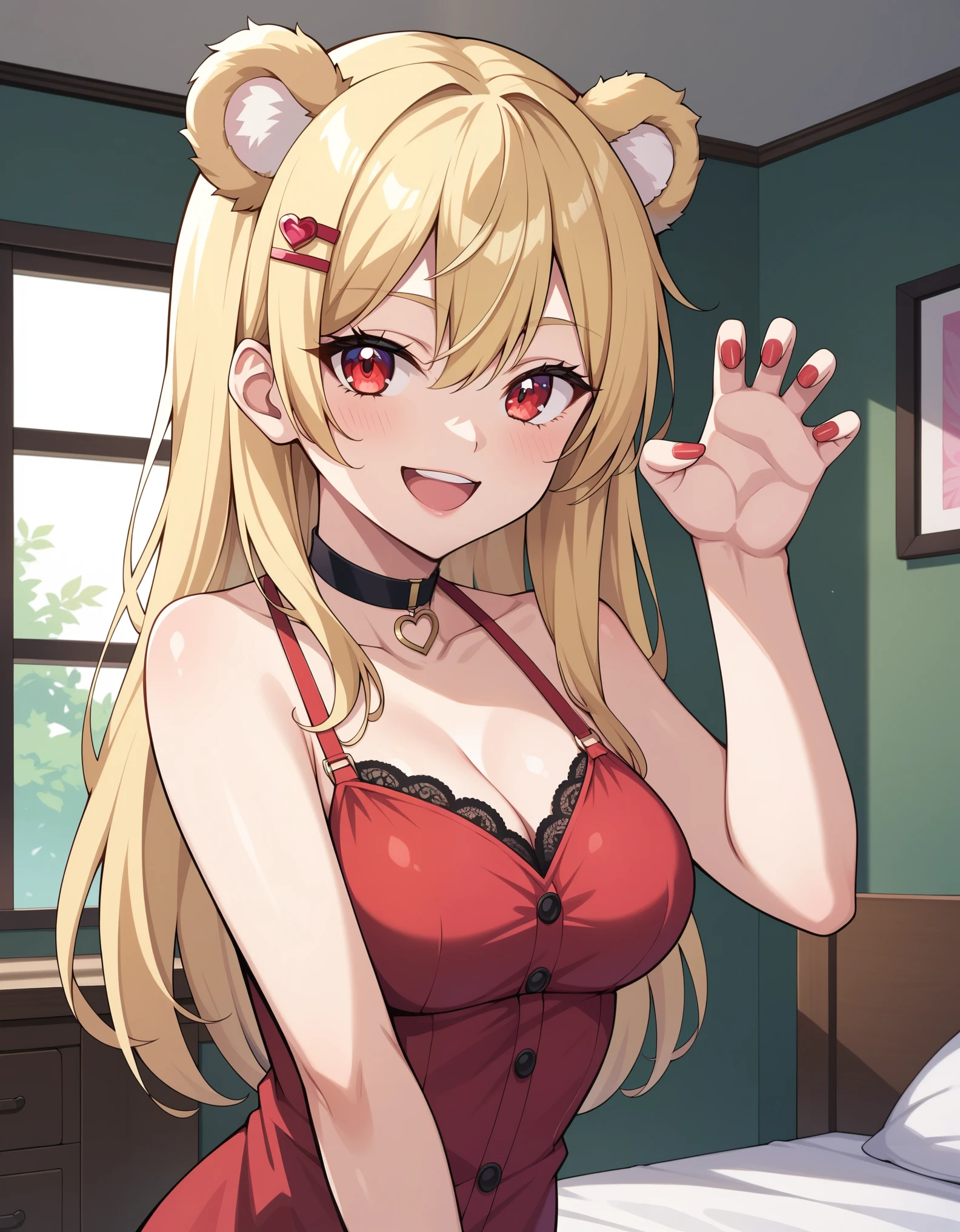 1girl, blonde hair, messy hair, long hair, red eyes, animal ears, bear ears, hairpin, short dress, choker, claw pose, evil smile, indoors, bedroom BREAK,masterpiece, best quality,score_7_up,score_8_up,score_9,