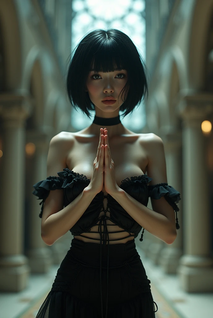 The model is nude, (No clothes), (Her ass is facing the camera), (Perfect detail on the face), She is bent over the altar, the Camera is positioned on the floor, legs wide open, Photograph from the thighs up, show buttocks, thigh gap, European cathedral, stained glass windows, rays of light, arches, columns, no clothing, camera is set at low angle looking up, show ceiling, Naked body, small breasts, tmasterpiece, beste-Qualit, 1 girl, Aqua-colored eyes, black hair, closed mouth, multicolored background, looks at the viewer, exteriors, solo, upper-body, winning, clean, beatiful face, Face Clean, pale skin, sexypose,(( naked body)), hairlong, ((perfect female figure)) Jisoo, seductive, Very detailed, beste-Qualit, tmasterpiece, hight resolution, Original, extremely detailed 8K wallpaper ,tmasterpiece,beste-Qualit,illustartion,beautifully detailed eyes,movie lighting,