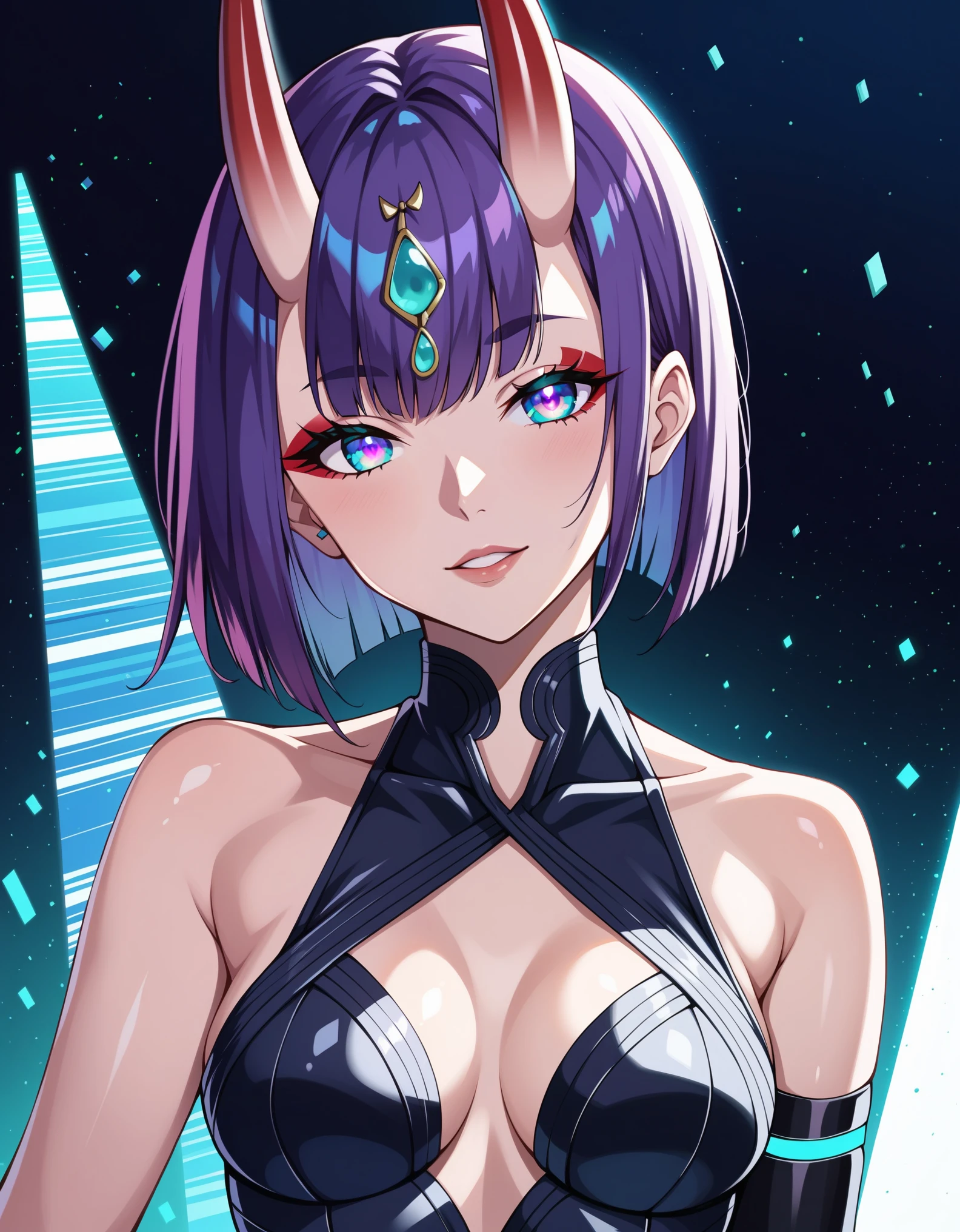 score_9,score_8_up,score_7_up, rating_safe, glitch, d1splaygl1tchl1nes, a glowing (triangle:1.1), 1girl, shuten douji \(fate\), cyborg, breasts, contrapposto, shiny, glamour, makeup, glossy, glowing eyes, anamorphic, head tilt, science fiction, head tilt, geometric, cyberpunk style (black background:0.8), particles, dust, lines, [:horns:0.4],violet hair,bangs,hair between eyes