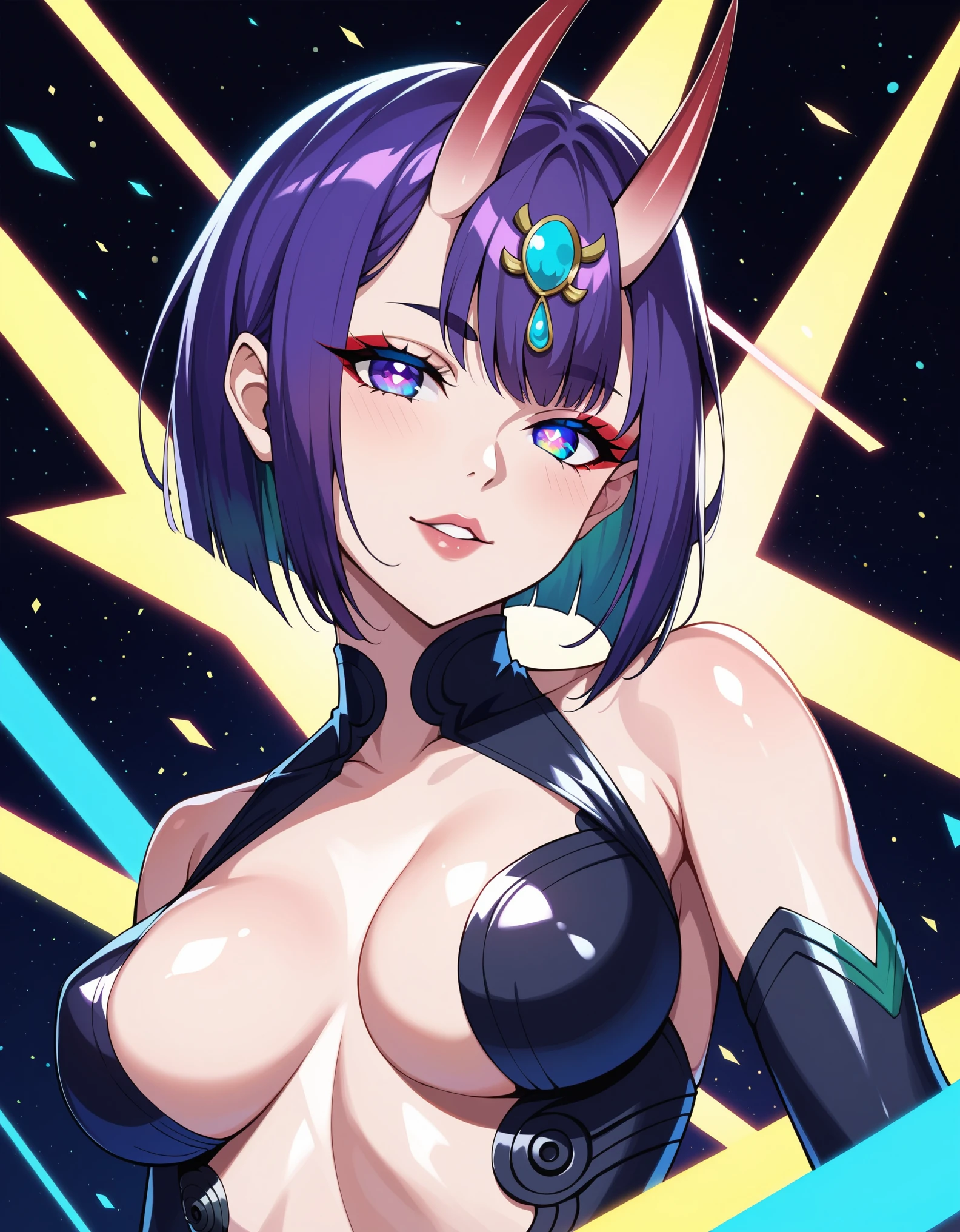 score_9,score_8_up,score_7_up, rating_safe, glitch, d1splaygl1tchl1nes, a glowing (triangle:1.1), 1girl, shuten douji \(fate\), cyborg, breasts, contrapposto, shiny, glamour, makeup, glossy, glowing eyes, anamorphic, head tilt, science fiction, head tilt, geometric, cyberpunk style (black background:0.8), particles, dust, lines, [:horns:0.4],violet hair,bangs,hair between eyes