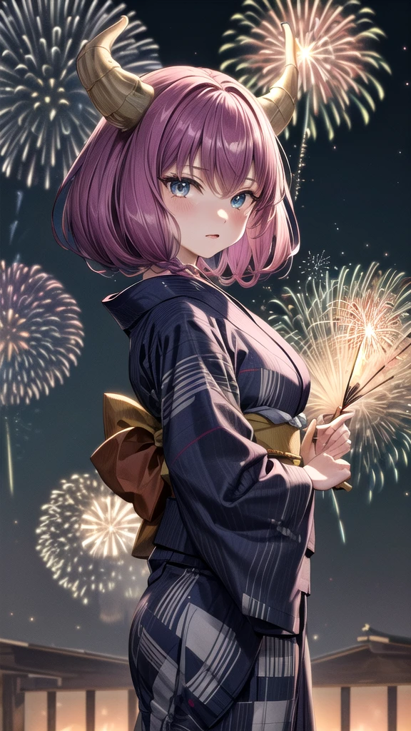 (masterpiece),  best quality, (((  super detailed , 8K quality))),  's expressive eyes ,  perfect face, perfect anatomy,  perfect body, scene, aaaura,  braided , twin  braided s, horn,  blue eyes,  choker,, ((yukata)、((Background fireworks))(background festival stall)