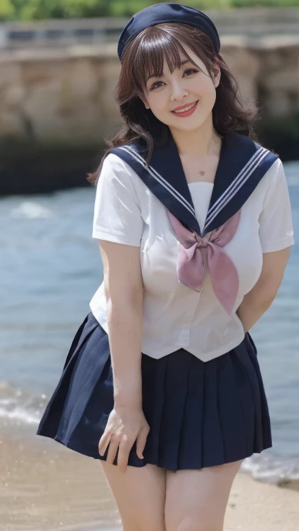 full body shot, from below,  japanese mature, 65 years old,  detailed face , smile, Facial wrinkles,  detailed skin texture ,  white skin, (curvy body, Large Breasts,  plump thighs:1.5), (earrings,  Necklaces ,  high school uniform ,  sailor suit , sailor collar,  Navy Blue Pleated Miniskirt,JK_style,short-sleeved JK_sailor:1.2), (Short socks,  wearing loafers :1.2), ( full body shot from toe to head wearing black high heels,  standing on the seaside , standing:1.2), ( surrealism, best quality, ultra detailed, absolutely resolution, 8k, anatomically correct), depth of field, looking at viewer, tachi-e, (And),  natural light