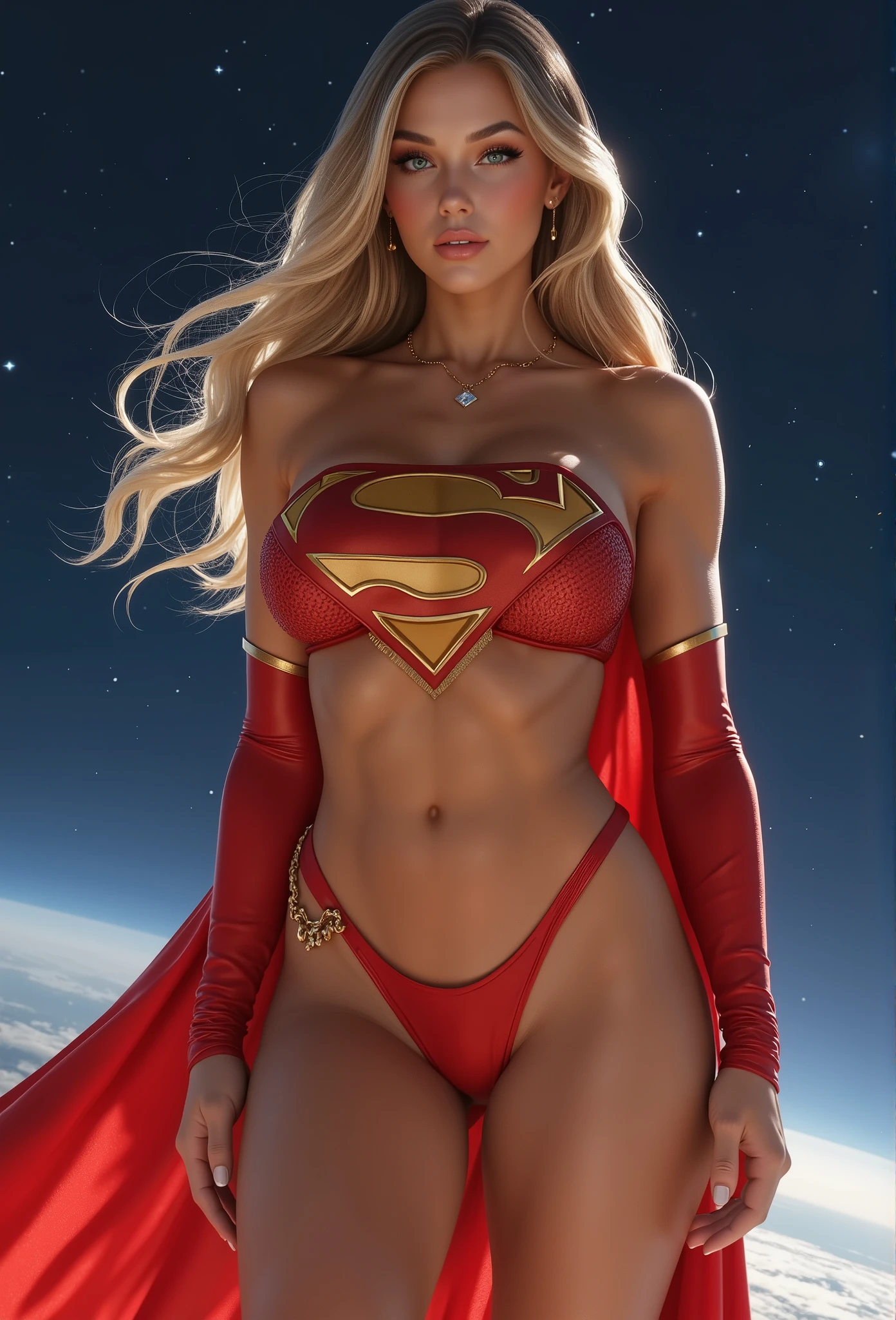 ( Masterpiece, 4k resolution, ultra-realistic, very detailed) Sexy Supergirl revealing abs midriff large breasts  photography by artgerm, in the style of realism, glistening skin, cartooncore, mangacore, natural lighting, Defined full lips. Muscular fitness feminine body (In space)