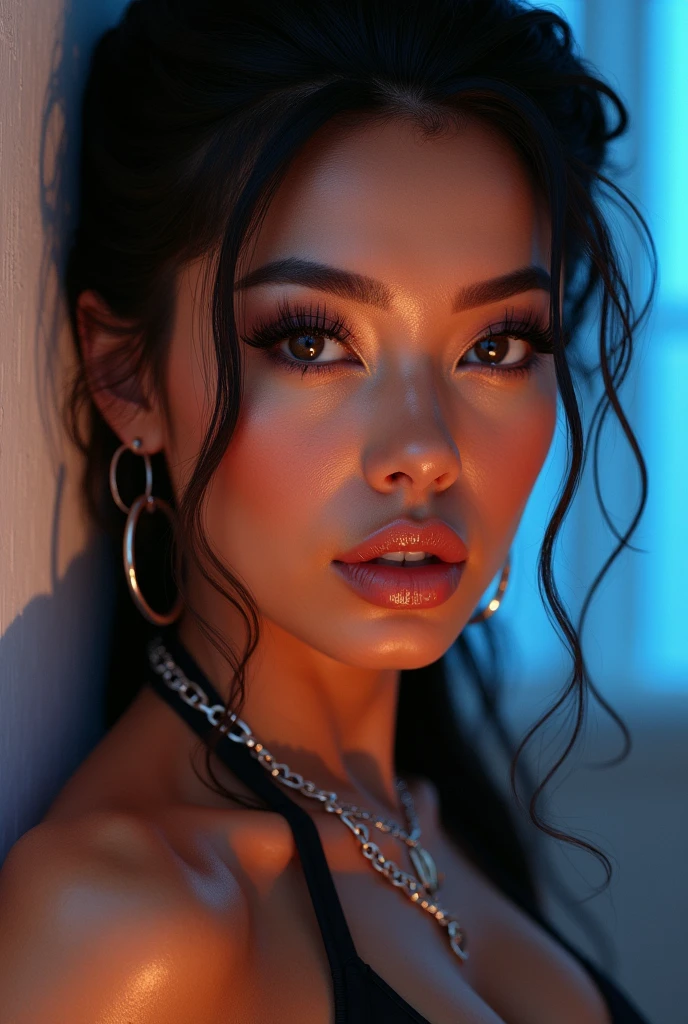 Portrait of the most beautiful girl in the world. She has a lot of cum running down her face. Dark lighting. RGB light. The photo was taken in a night club. 