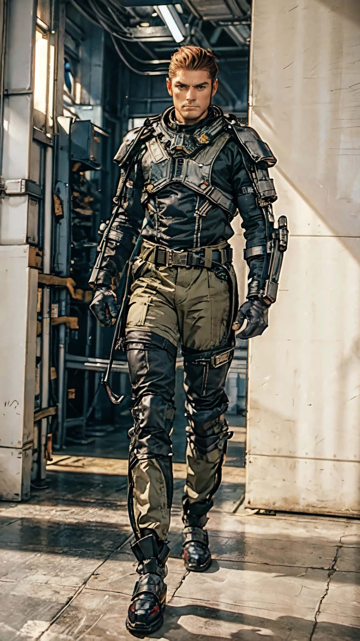 (masterpiece:1.2, best quality:1.2, extremely delicate:1.2), ((male:1.5)), a man with slicked-back short disheveled red-gold hair, cold and ruthless gaze, confident expression, a two piece futuristic-style military dress uniform, primarily white and red with yellow accents, streamlined wristguard gloves, metal shoulder pads, metal belt, matching trousers, long combat boots, stands within a futuristic sci-fi hangar, the background is a giant mecha, this character embodies a finely crafted futuristic military officer in anime style, exquisite and mature oil painting art style, dramatic, high definition, highres, ultra-detailed, ultra-fine painting, professional, perfect body proportions, golden ratio, anatomically correct, symmetrical face, extremely detailed eyes and face, high quality eyes, creativity, RAW photo, UHD, 32k, Natural light, cinematic lighting, (masterpiece-anatomy-perfect:1.2)