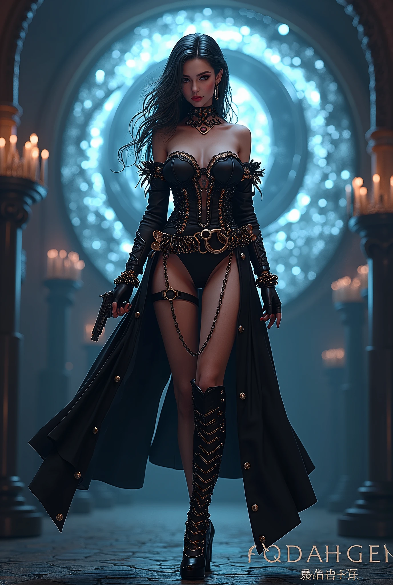 A sexy and charming dark vampire in steampunk clothes performing on stage in front of an audience of undead