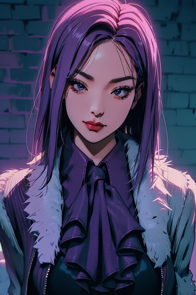 1 Girl, Yun Jin Lee, dead by daylight, Light Purple Straight Hair, White Faux Fur Short Shrug Jacket, Purple Tie Neck Ruffle Trim Satin Blouse, light smile, close up, 