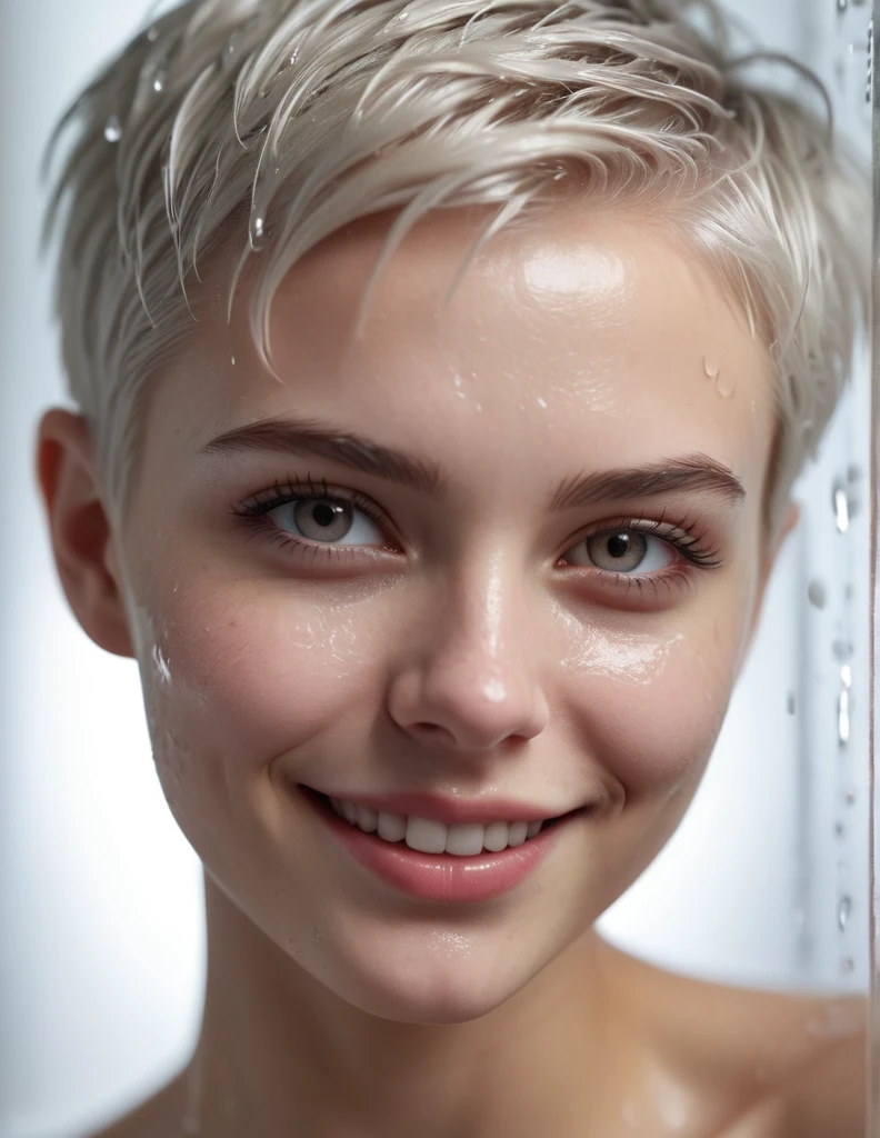 A young woman with a short silver pixie haircut, her tongue out, covered in cum and semen, cum on face and breasts, cum on breasts, extremely detailed, hyperrealistic, 8k, photo-realistic, studio lighting, beautiful detailed eyes, beautiful detailed lips, extremely detailed face, long eyelashes, sensual, erotic, provocative, adult content, mature, tongue out and smiling, semen on face, soaked in cum