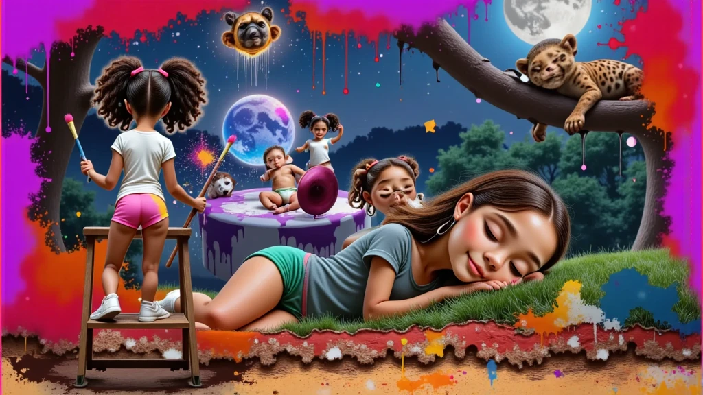 Inspired by Disney Pixar characters and films, create the image of
A  GIRL, with curly Afro-descendant hair tied in two ponytails, wearing a white t-shirt without any print, very short shorts, sensual and attractive pink, white socks up to her knees and white sneakers, everything white in her is dirty with paint without exception, including her t-shirt and socks. She is 1.35 tall, she is a , but she is sensual, attractive, charming, bold, depraved, BEAUTIFUL, THIN, SENSUAL, PRE-ADOLESCENT BODY, -YOUNG, ATTRACTIVE, 1.35 TALL, LIGHT BROWN SKIN, FILMED FROM THE BACK ON A TWO-STEP LADDER WITH A BRUSH IN HER HAND, she paints a  girl with straight and long black hair down to her waist, light brown skin lying on the grass wearing a colorful feather as an earring, a white t-shirt and shorts. very short green, on the upper right side a jaguar sleeps, leaning on its back a golden lion tamarin sleeps, in the blurred background we have a giant music box where a baby in a diaper plays music and a blue macaw sleeps, it is an environment that represents the starry night with a blue moon in the Amazon forest