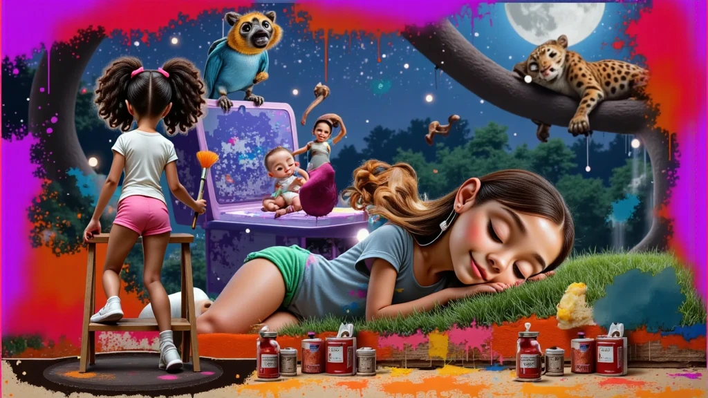 Inspired by Disney Pixar characters and films, create the image of
A  GIRL, with curly Afro-descendant hair tied in two ponytails, wearing a white t-shirt without any print, very short shorts, sensual and attractive pink, white socks up to her knees and white sneakers, everything white in her is dirty with paint without exception, including her t-shirt and socks. She is 1.35 tall, she is a , but she is sensual, attractive, charming, bold, depraved, BEAUTIFUL, THIN, SENSUAL, PRE-ADOLESCENT BODY, -YOUNG, ATTRACTIVE, 1.35 TALL, LIGHT BROWN SKIN, FILMED FROM THE BACK ON A TWO-STEP LADDER WITH A BRUSH IN HER HAND, she paints a  girl with straight and long black hair down to her waist, light brown skin lying on the grass wearing a colorful feather as an earring, a white t-shirt and shorts. very short green, on the upper right side a jaguar sleeps, leaning on its back a golden lion tamarin sleeps, in the blurred background we have a giant music box where a baby in a diaper plays music and a blue macaw sleeps, it is an environment that represents the starry night with a blue moon in the Amazon forest