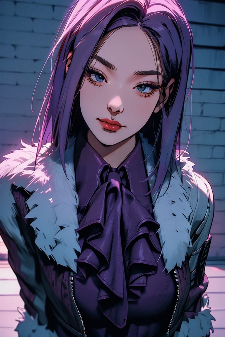 1 Girl, Yun Jin Lee, dead by daylight, Light Purple Straight Hair, White Faux Fur Short Shrug Jacket, Purple Tie Neck Ruffle Trim Satin Blouse, light smile, close up, 