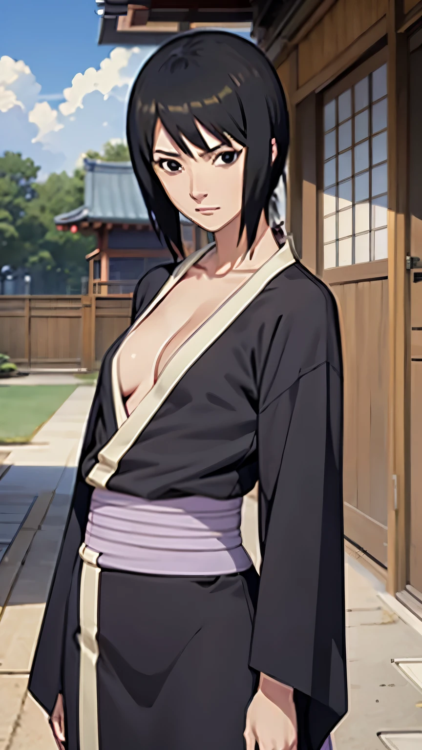 Anime style, masterpiece, best quality, shizune, black kimono, No bra, (small breasts),  looking at viewer, slight smile, Neckline, She's not wearing a shirt underneath, japanese architecture, outdoors, sky, realistic