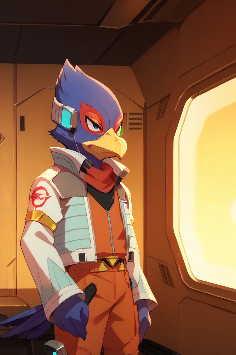 score_9, score_8_up, score_7_up, score_6_up, 1boy, solo, Falco lombardi, inside spaceship, beckoning, straight on, anime screenshot, Anime style,