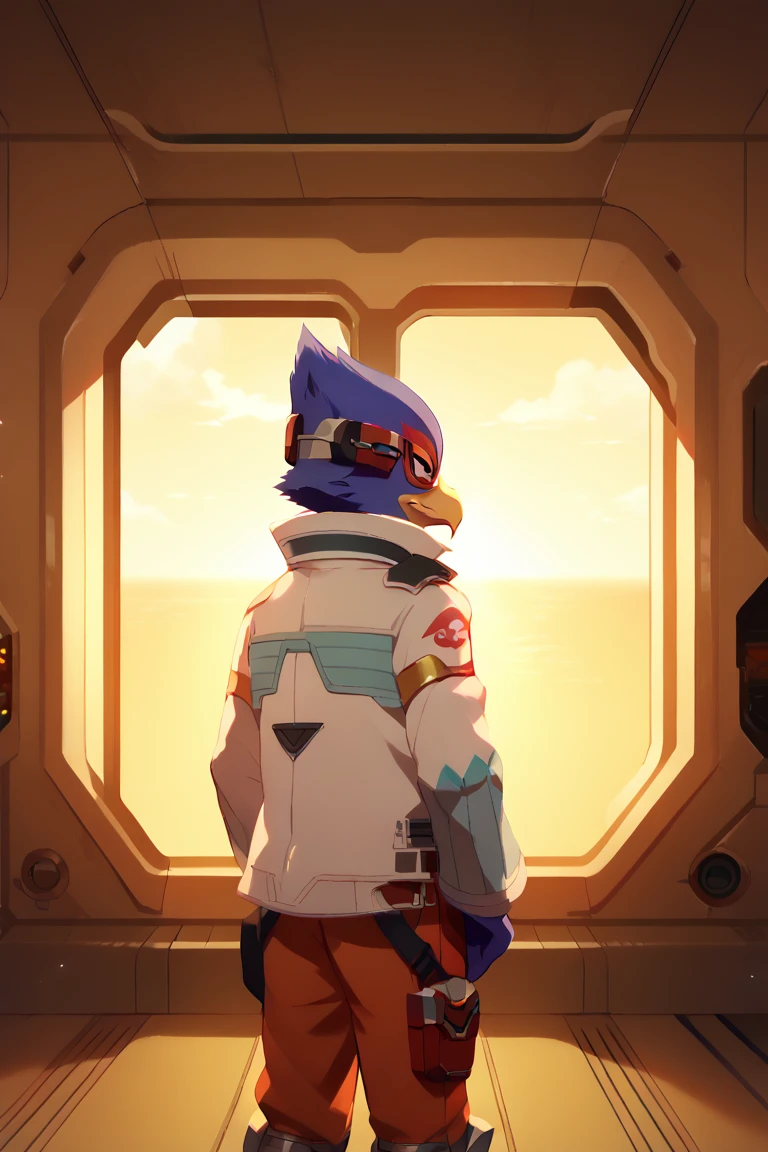 score_9, score_8_up, score_7_up, score_6_up, 1boy, solo, Falco lombardi, inside spaceship, beckoning, straight on, anime screenshot, Anime style,